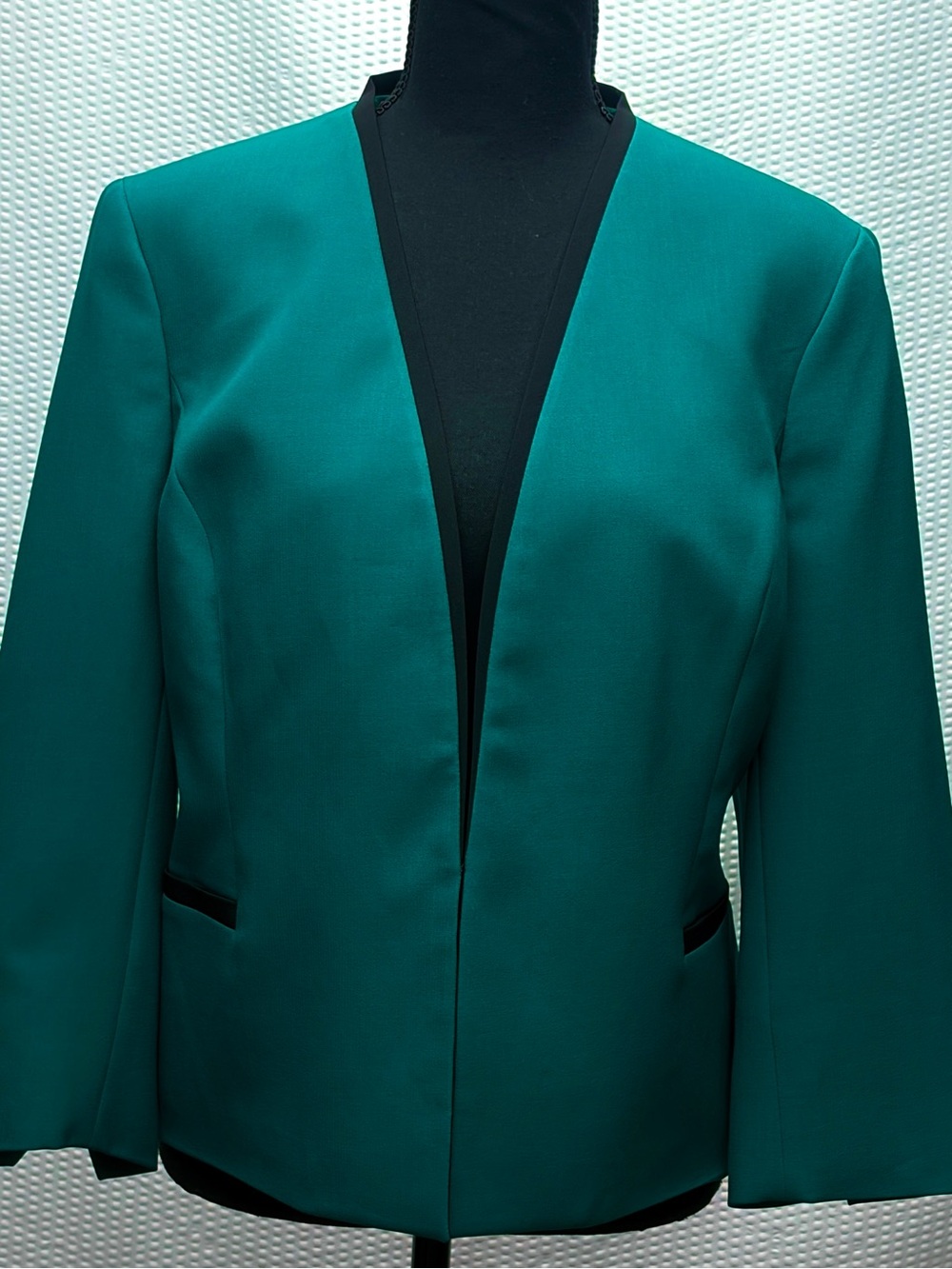 Evan Picone Teal Black Trim Blazer Womens 14 Collarless Career Jacket